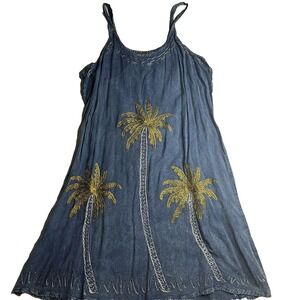 Vtg Y2K Raya Sun Blue Palm Tree Embroidered Boho Fairycore Women Dress L